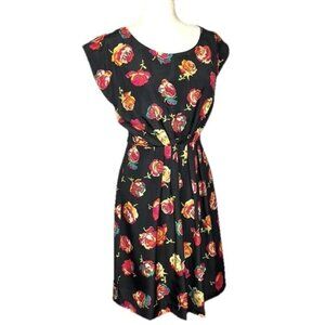 Betsey Johnson Mini Dress Black Floral Rose Print Short Sleeve Pleated Size 12